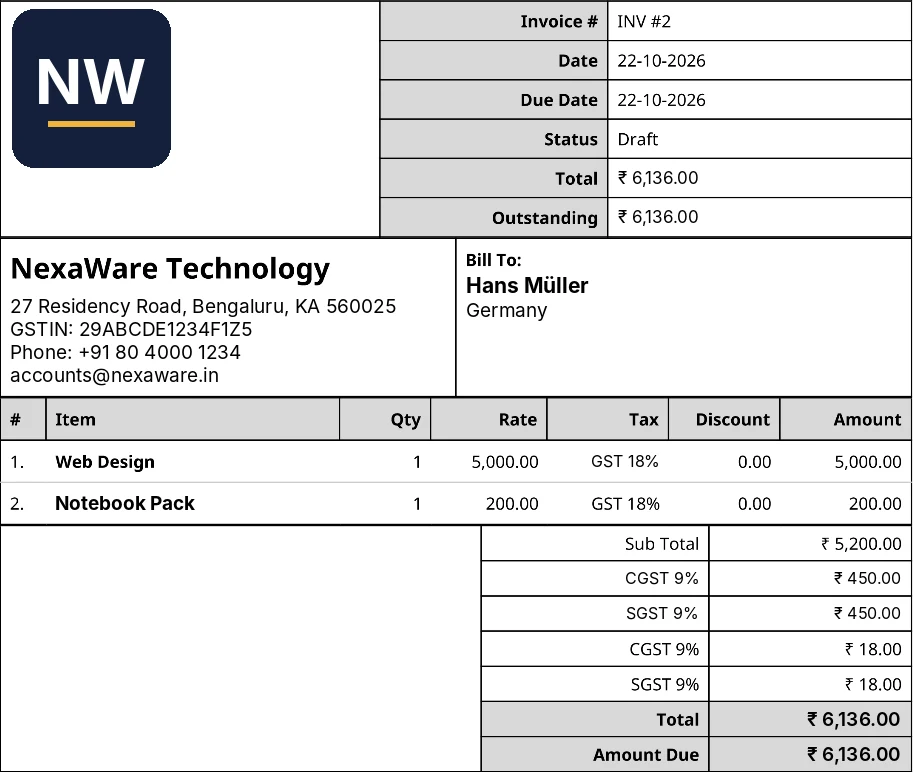 Invoice preview with company logo, GSTIN, GST tax lines and totals